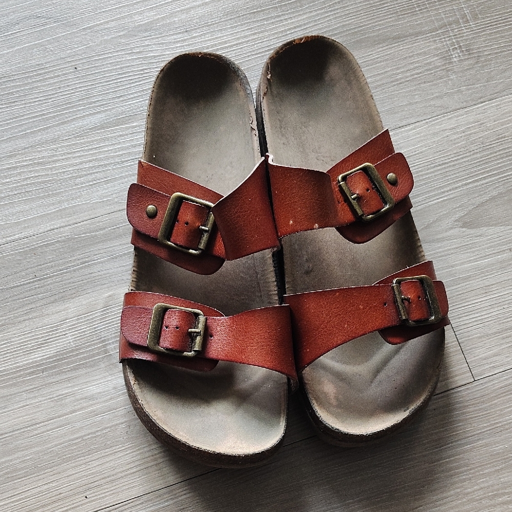Target Brown Leather Double-Buckle Slide Sandals
